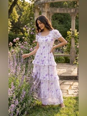 Women’s Floral Tiered Georgette Maxi Dress – Flowy Romantic Style Size Small(4)